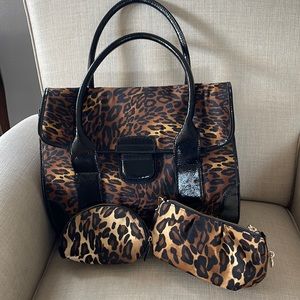 Large Chico’s Animal Print Handbag, small bag and makeup bag.